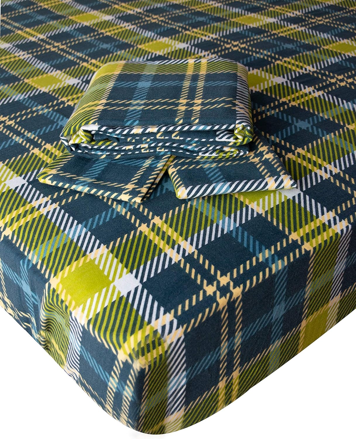 Friends at Home Turkish Cotton 180 GSM Heavyweight Flannel Sheets Set (Green, Blue, Navy,Plaid 4, King)