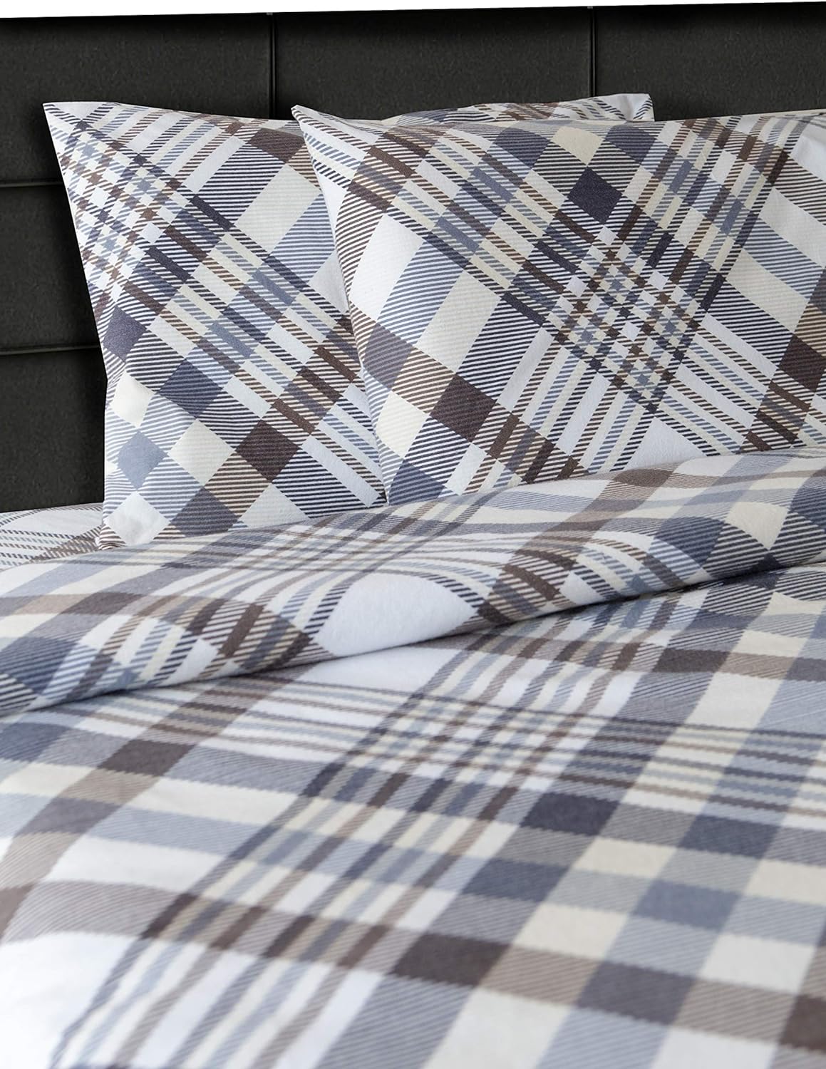 Friends at Home Turkish Cotton 180 GSM Heavyweight Flannel Sheets Set (Plaid 4,Grey Black Brown, Queen)