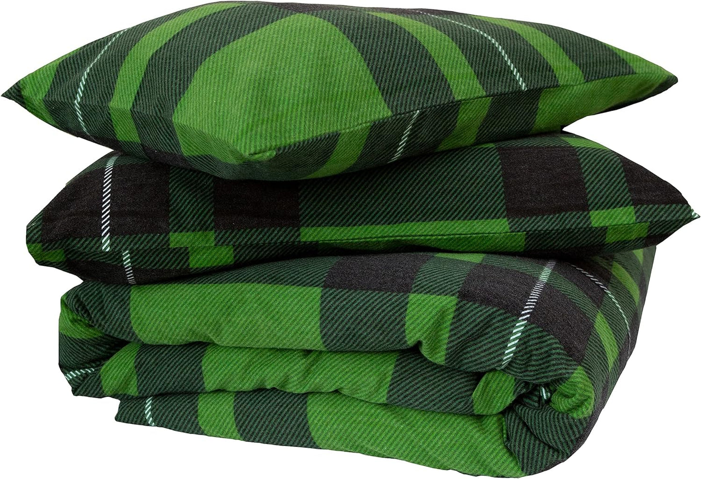 Friends at Home Turkish Cotton 180 GSM Heavyweight Flannel Winter Duvet Cover Set (Plaid, Green, Black, White,  Queen)