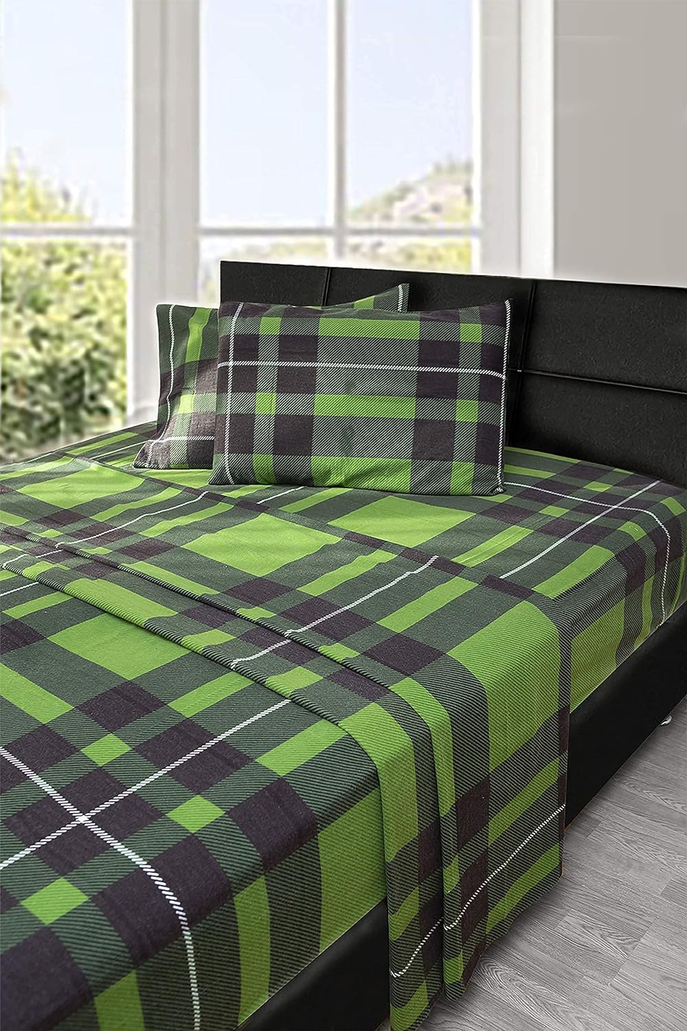 Friends at Home Turkish Cotton 180 GSM Heavyweight Flannel Winter Duvet Cover Set (Plaid, Green, Black, White,  Queen)