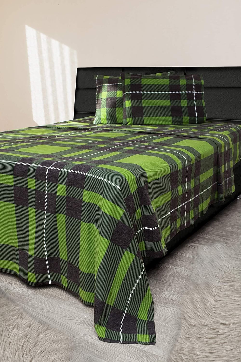 Friends at Home Turkish Cotton 180 GSM Heavyweight Flannel Winter Duvet Cover Set (Plaid, Green, Black, White,  Queen)